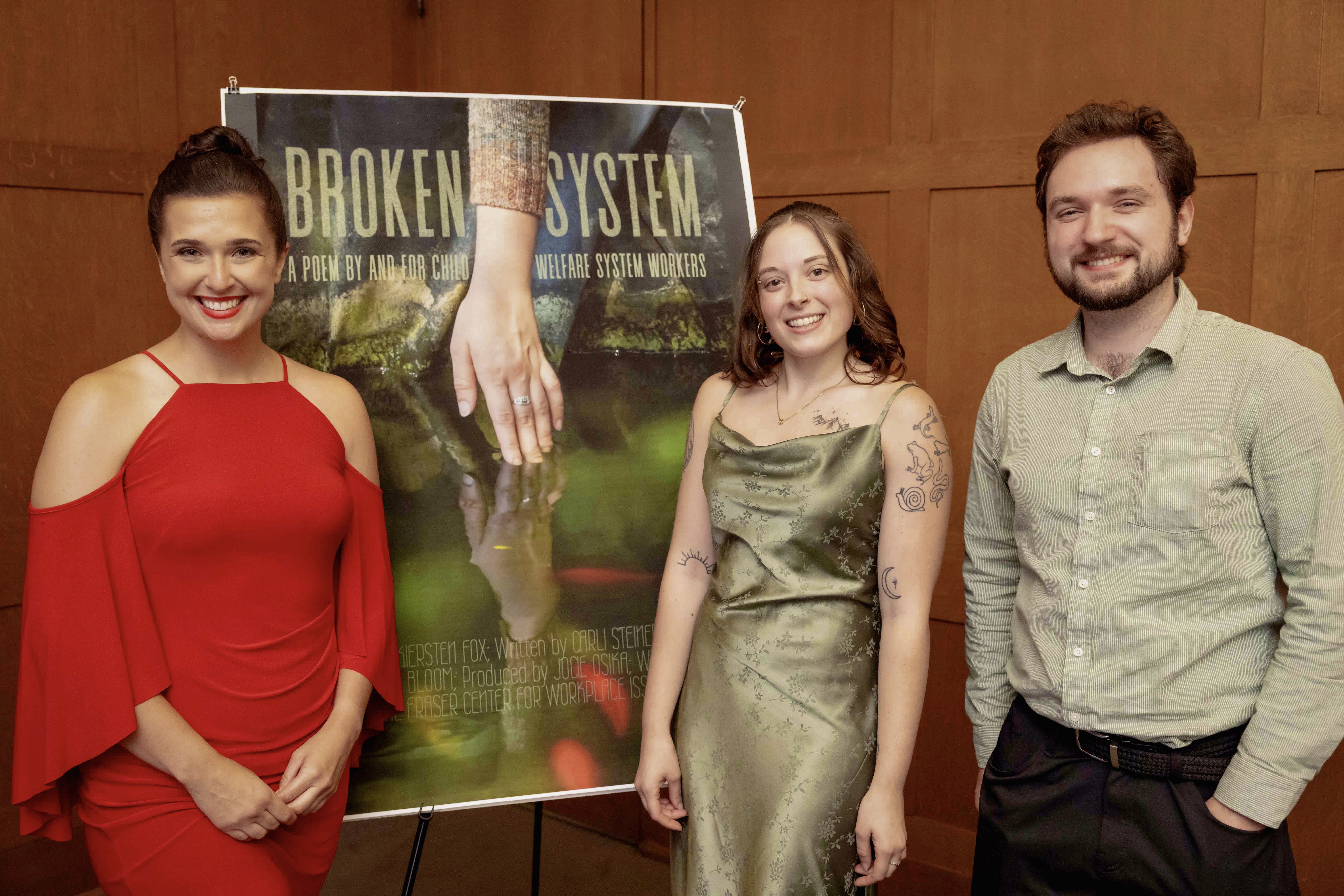 Me, Broken System video star Kiersten Fox, and Broken System video director Jacob Bloom with the Broken System short film poster. Poem arranger Carli Steiner not pictured.