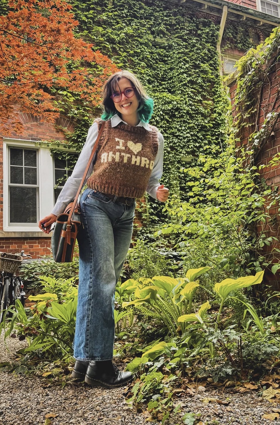 Wearing the I <3 Anthro sweatervest I hand-knit to teach in!