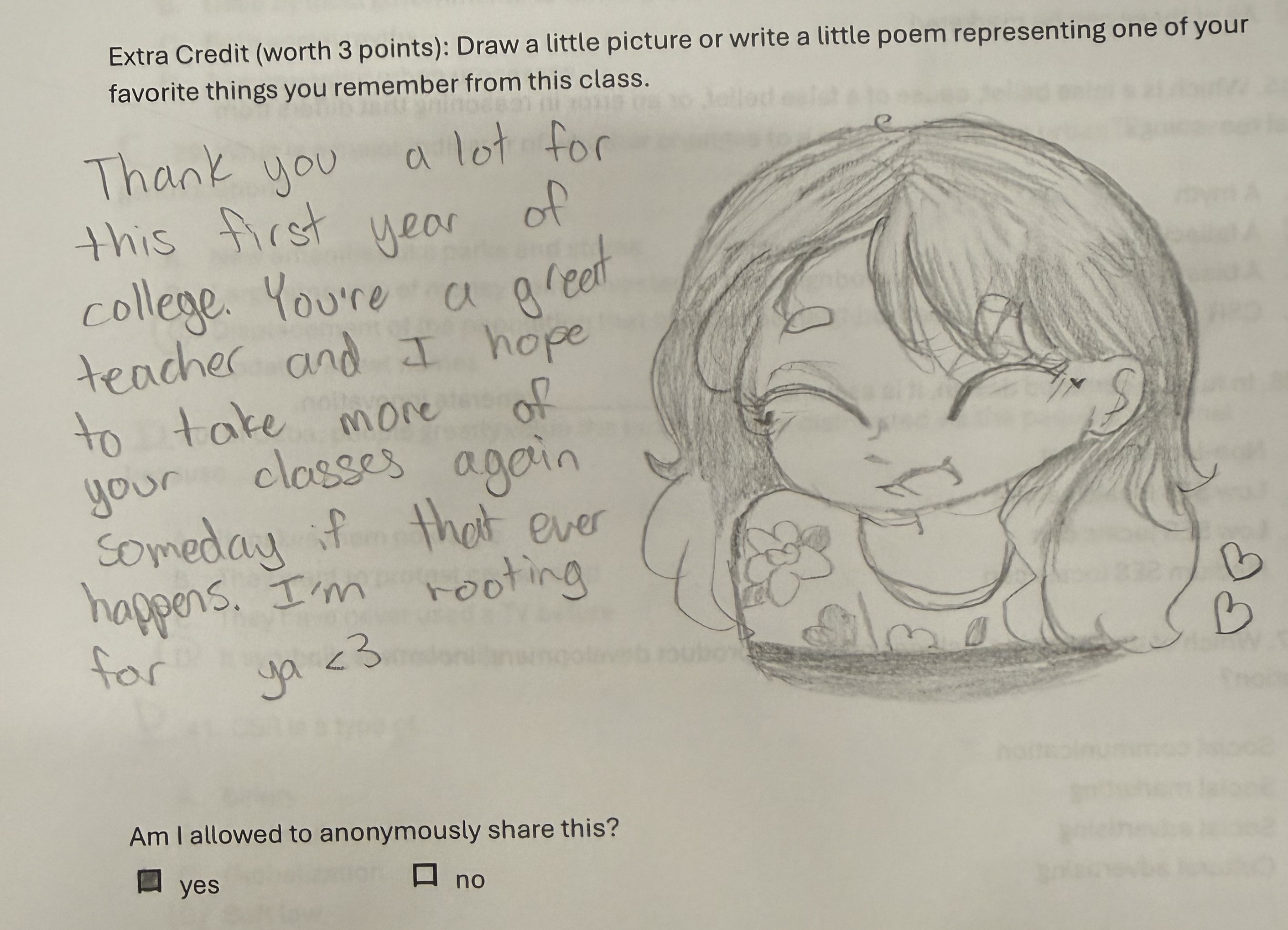 A student response to the final's extra credit question about what they liked most in the class