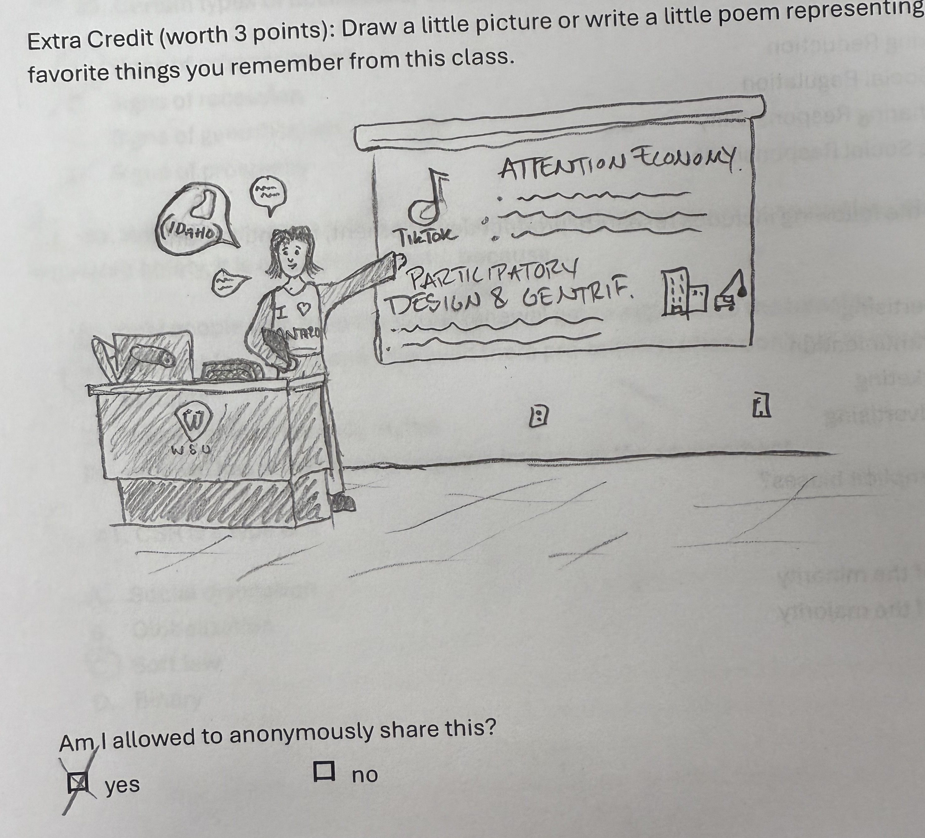A student response to the final's extra credit question about what they liked most in the class
